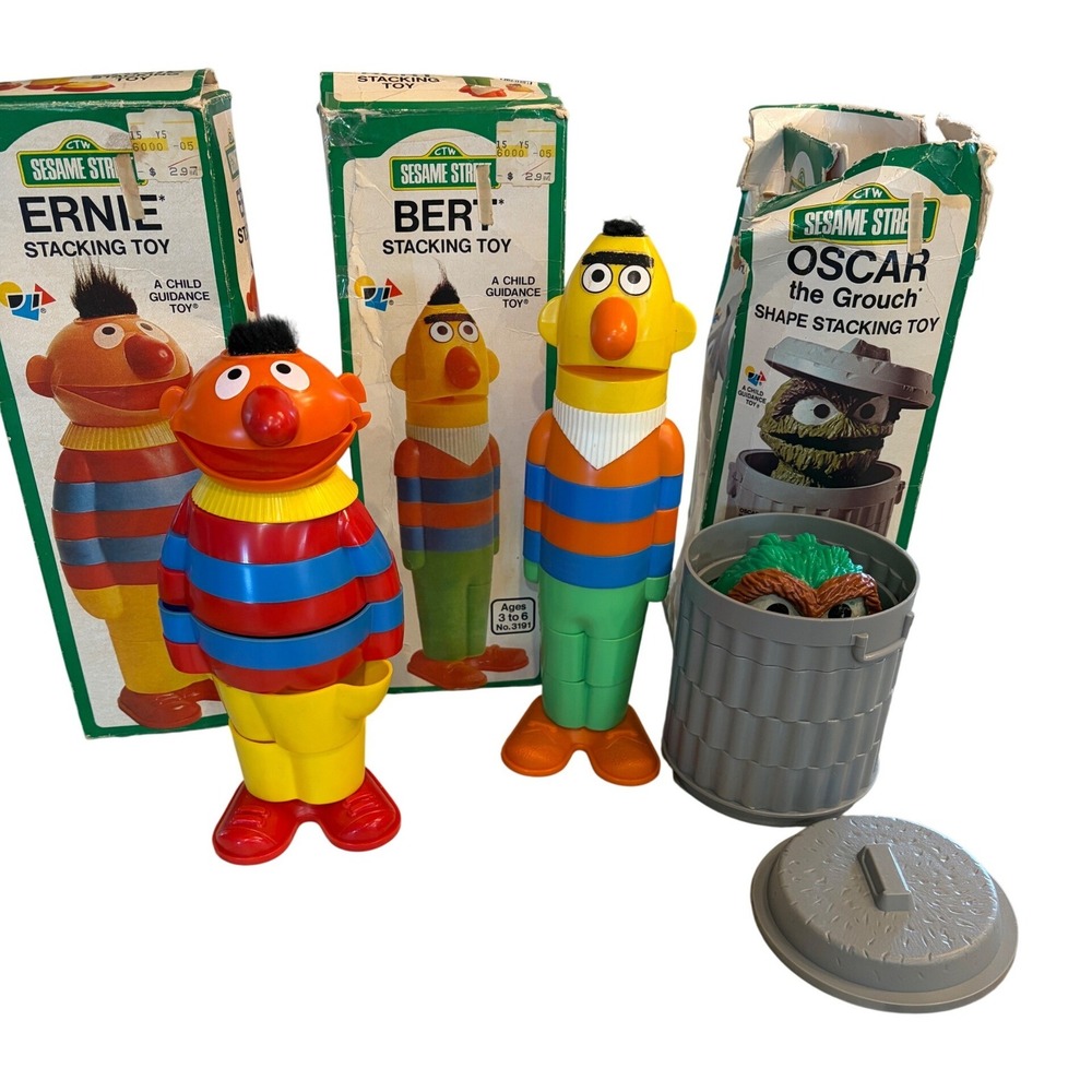 1970s Child Guidance Sesame Street Stacking Toy Lot Multicolor Ernie Bert Oscar